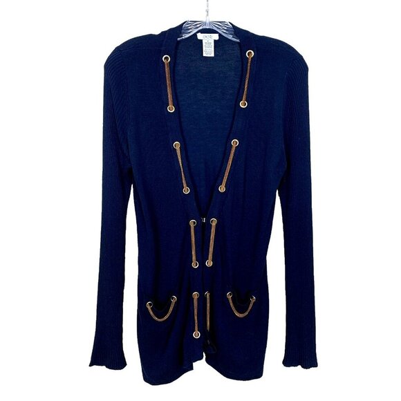 Cache Womens M Cardigan Sweater Navy Blue Gold Chain Nautical Quiet Luxury Knit - Picture 1 of 16